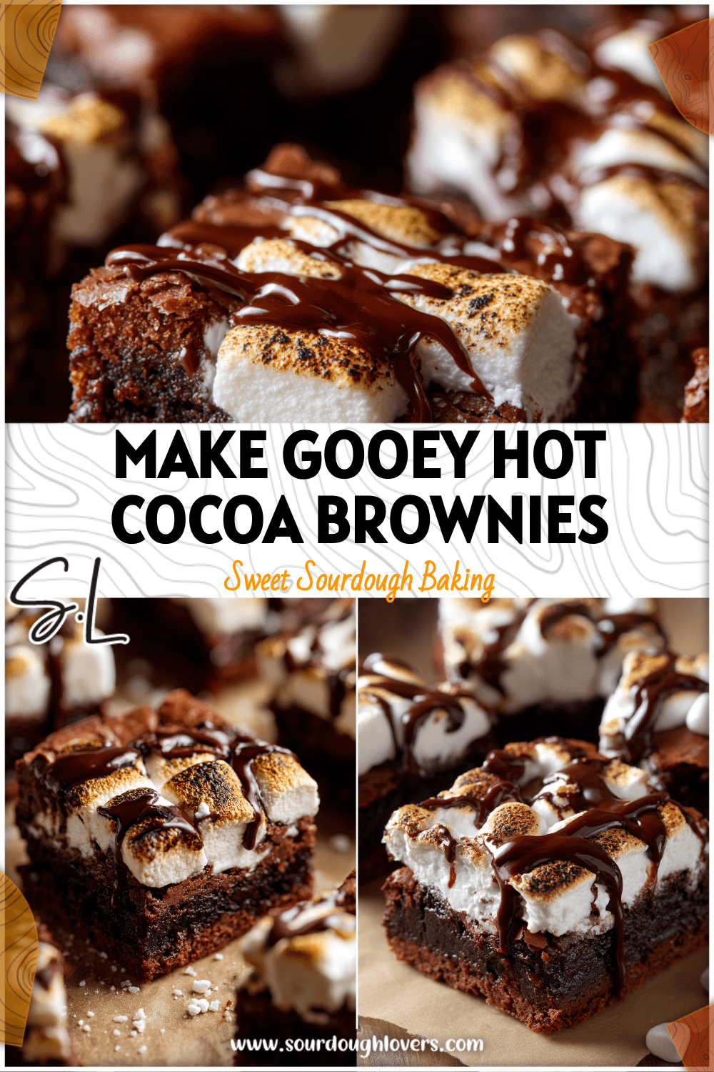 Close-up of Marshmallow Cream Hot Cocoa Brownies with gooey marshmallow layers and chocolate drizzle.